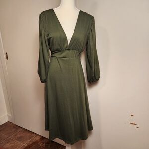 Y2K Double V Plunge Neck Back Long Sleeve Olive Green Dress Large EUC